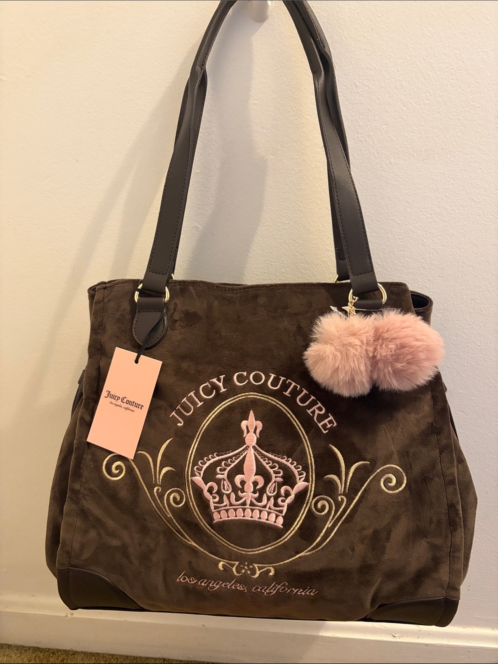 Juicy Couture Brown Velour Tote with Pink Embroidered Crest and Pom Charm